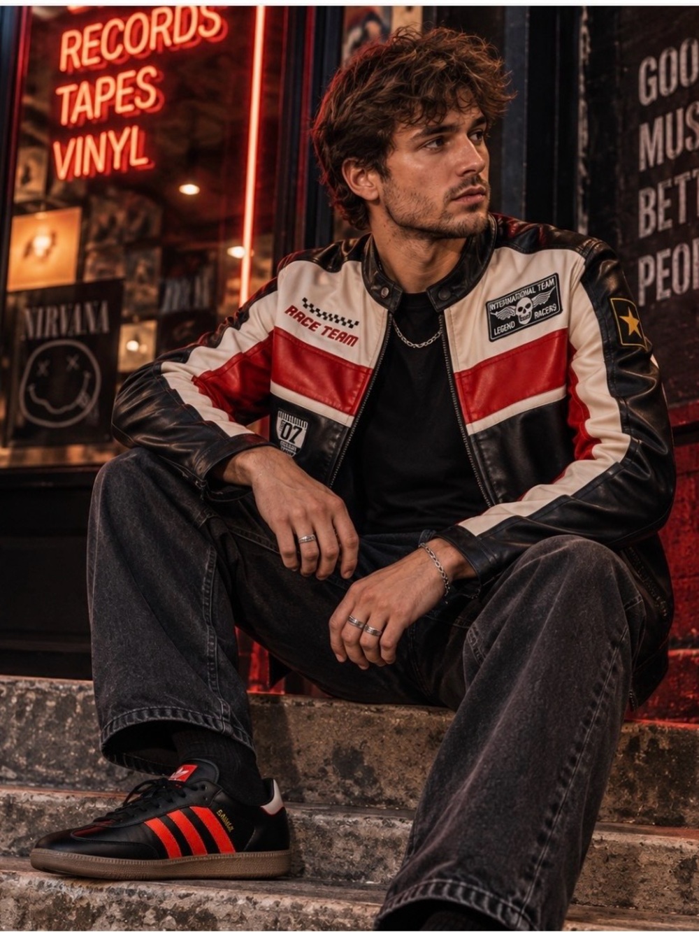 Distortion Men’s L Race Team Moto Jacket Black Red Retro Racing Y2K